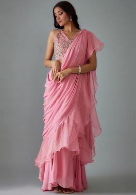 Baby Pink Handwork Pre Draped Saree Set