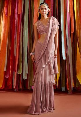 Mauve Pink Handwork Pre Draped Saree Set