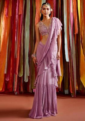 Lavender Handwork Pre Draped Saree Set