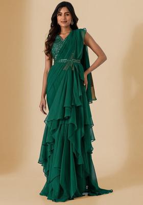 Emerald Green Handwork Pre Draped Saree Set