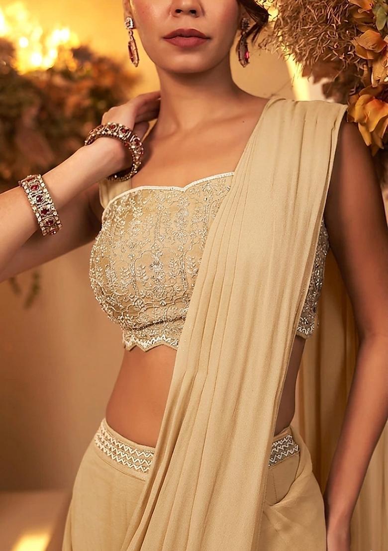 Cream Yellow Handwork Pre Draped Saree Set - Indya