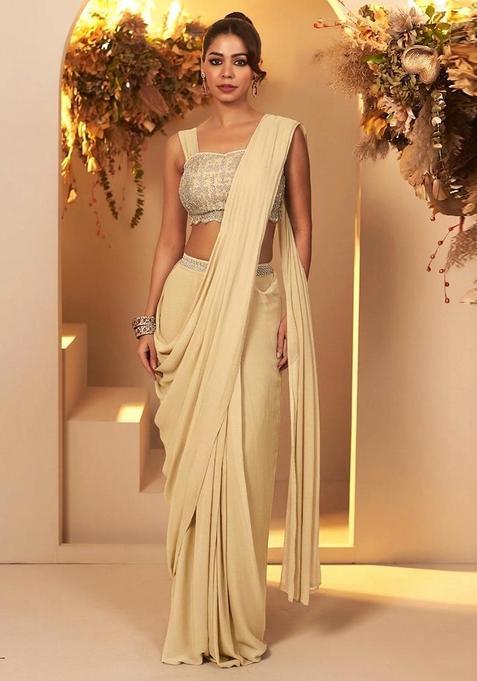 Cream Yellow Handwork Pre Draped Saree Set