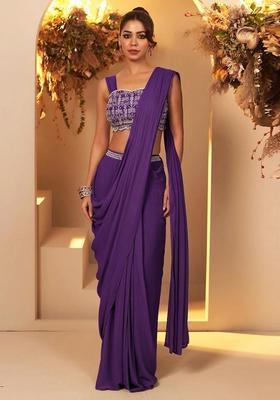 Royal Purple Handwork Pre Draped Saree Set
