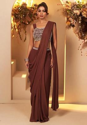 Chocolate Brown Handwork Pre Draped Saree Set