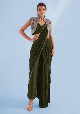 Olive Green Handwork Pre Draped Saree Set