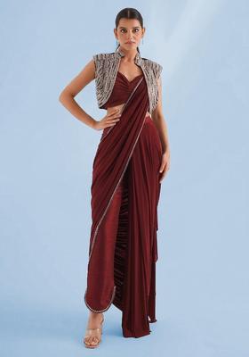 Maroon Handwork Pre Draped Saree Set