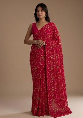 Bright Red Embroidered Crepe Pre Draped Saree Set