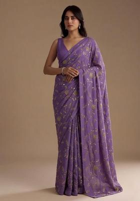 Lavender Embroidered Crepe Pre Draped Saree Set