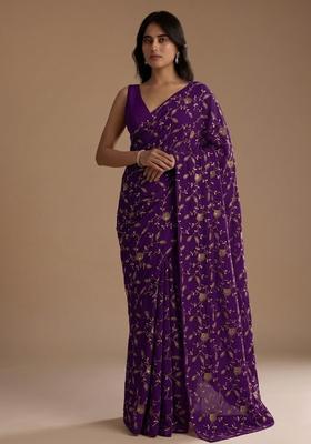 Royal Purple Embroidered Crepe Pre Draped Saree Set