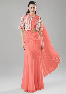 Peach Handwork Pre Draped Saree Set