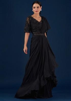 Jet Black Handwork Pre Draped Saree Set