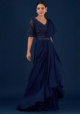 Navy Blue Handwork Pre Draped Saree Set