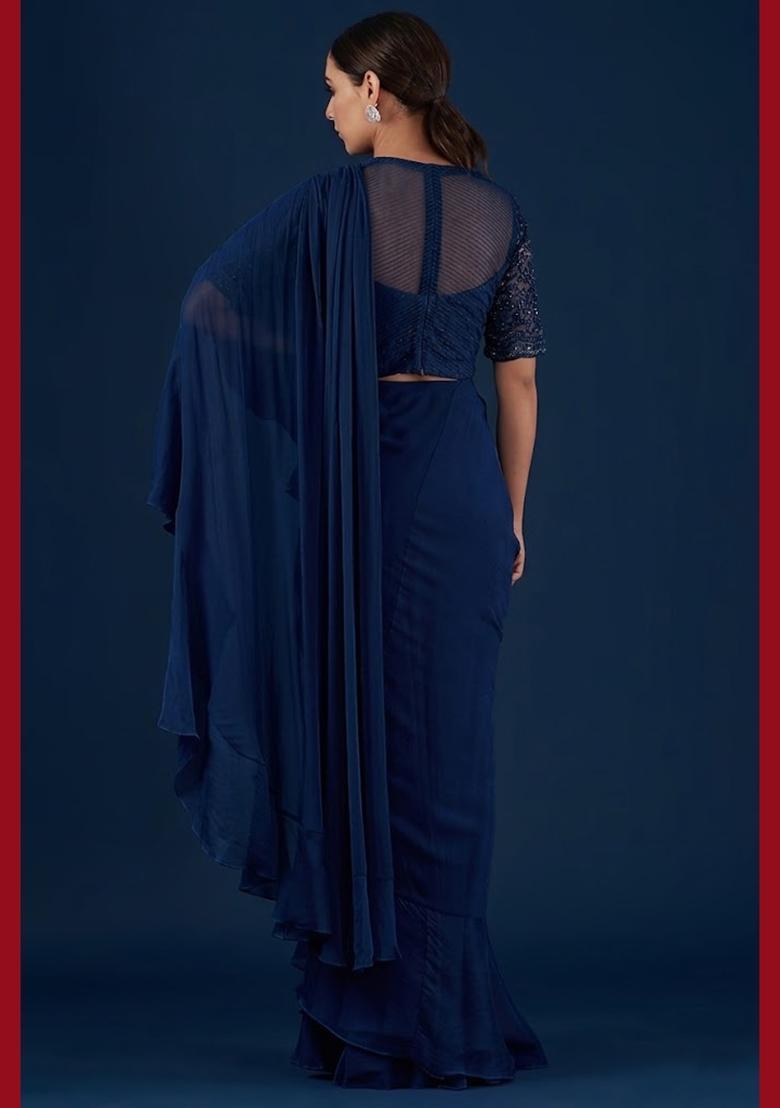 Navy Blue Handwork Pre Draped Saree Set - Indya