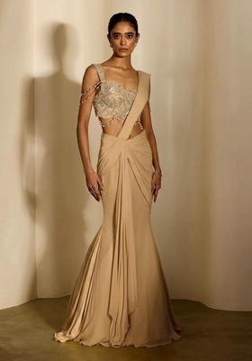 Beige Handwork Pre Draped Saree Set