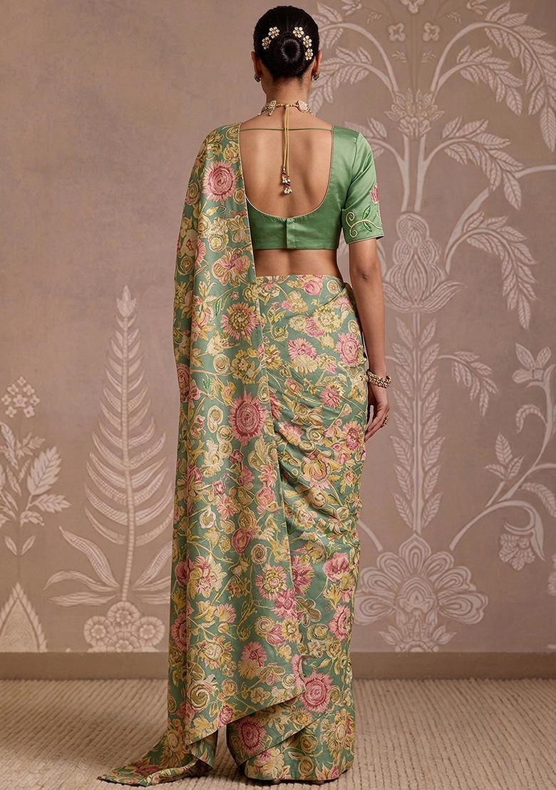 Sage Green Printed Handwork Satin Pre Draped Saree Set - Indya