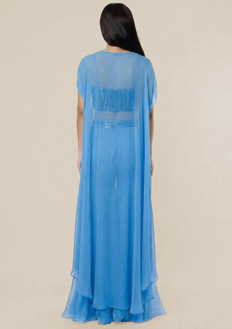 Steel Blue Embroidered Handwork Fusion Set - Indya