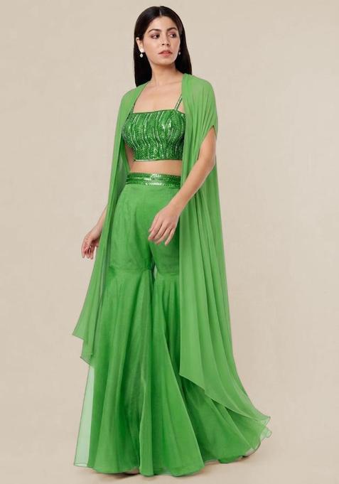 Green Embroidered Handwork Fusion Set