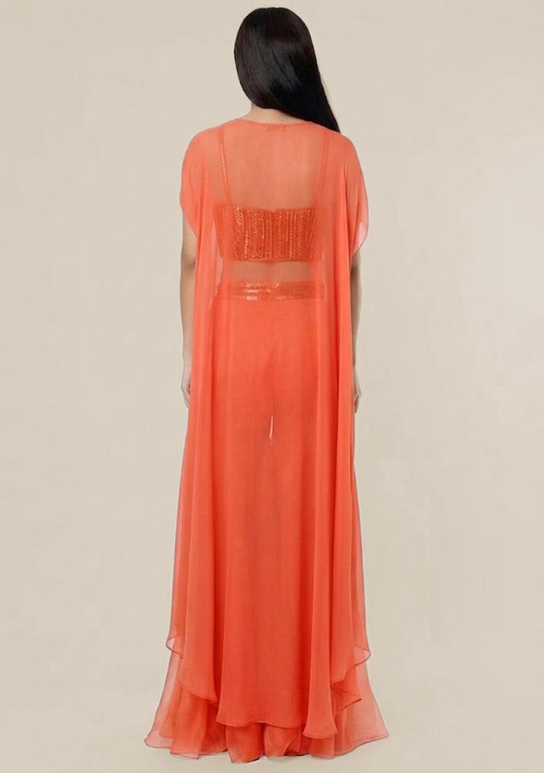 Orange Embroidered Handwork Fusion Set - Indya