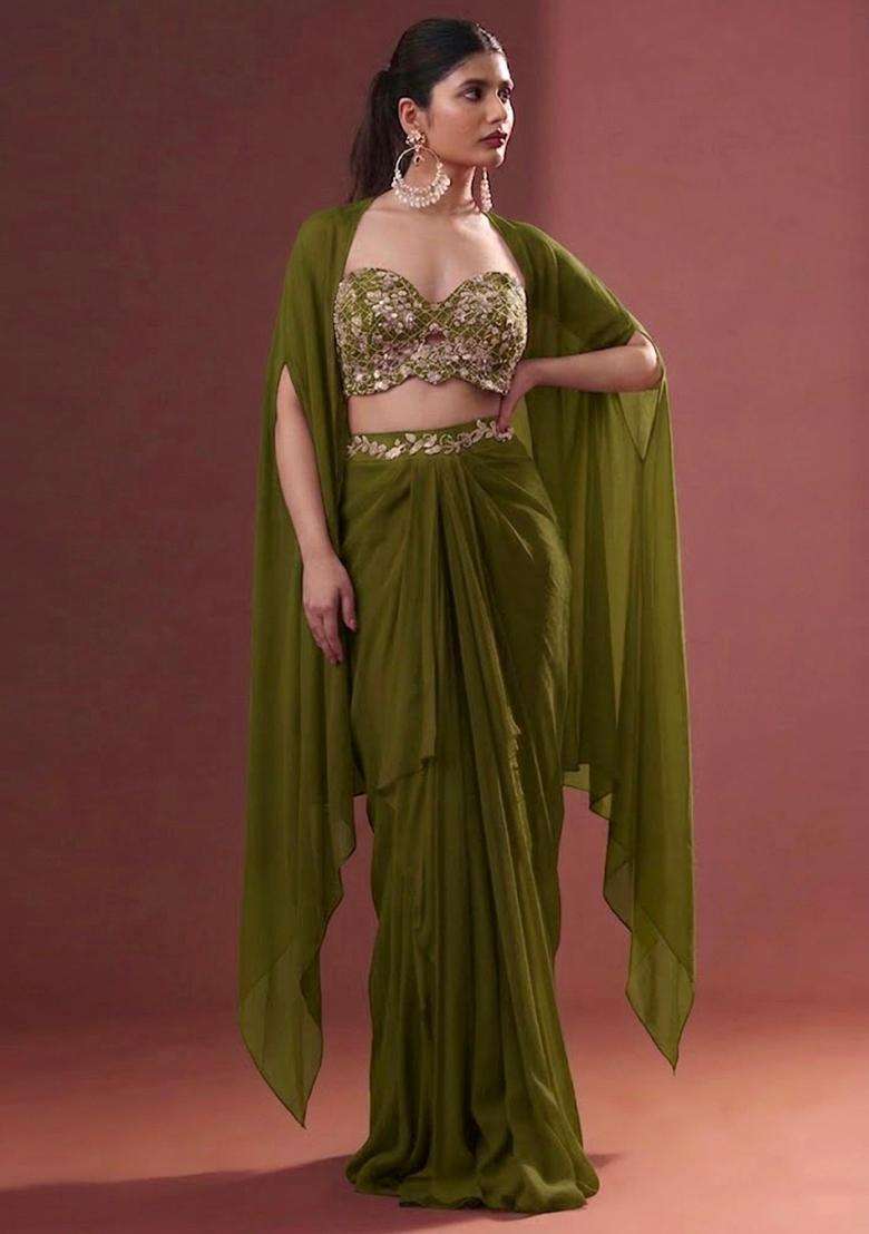 Olive Embroidered Handwork Fusion Set - Indya