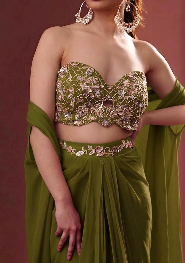 Olive Embroidered Handwork Fusion Set - Indya