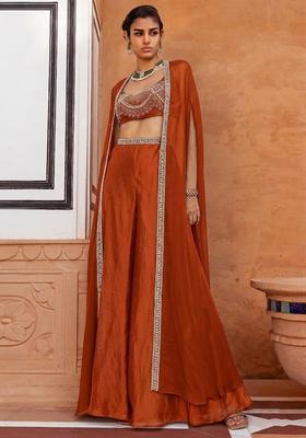 Orange Embroidered Handwork Fusion Set