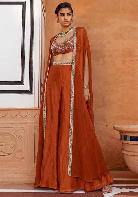 Orange Embroidered Handwork Fusion Set