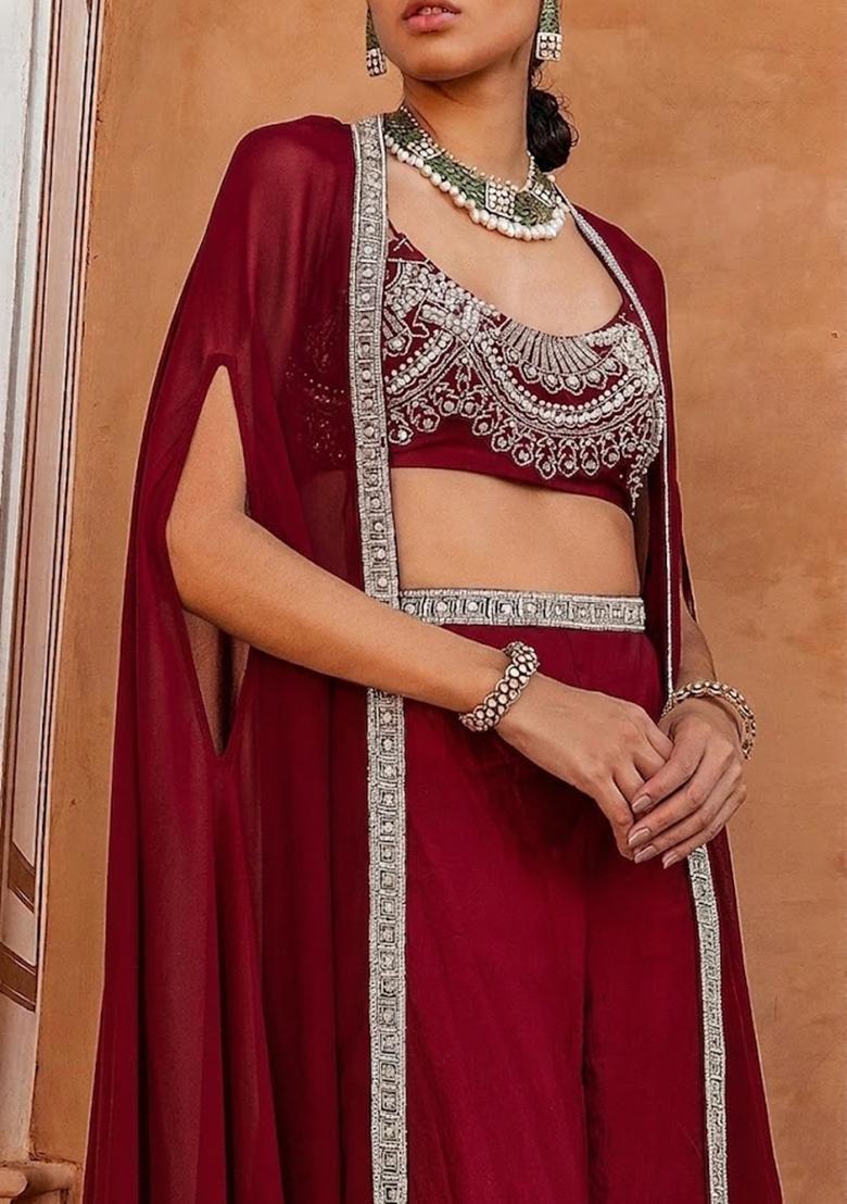 Red Embroidered Handwork Fusion Set - Indya