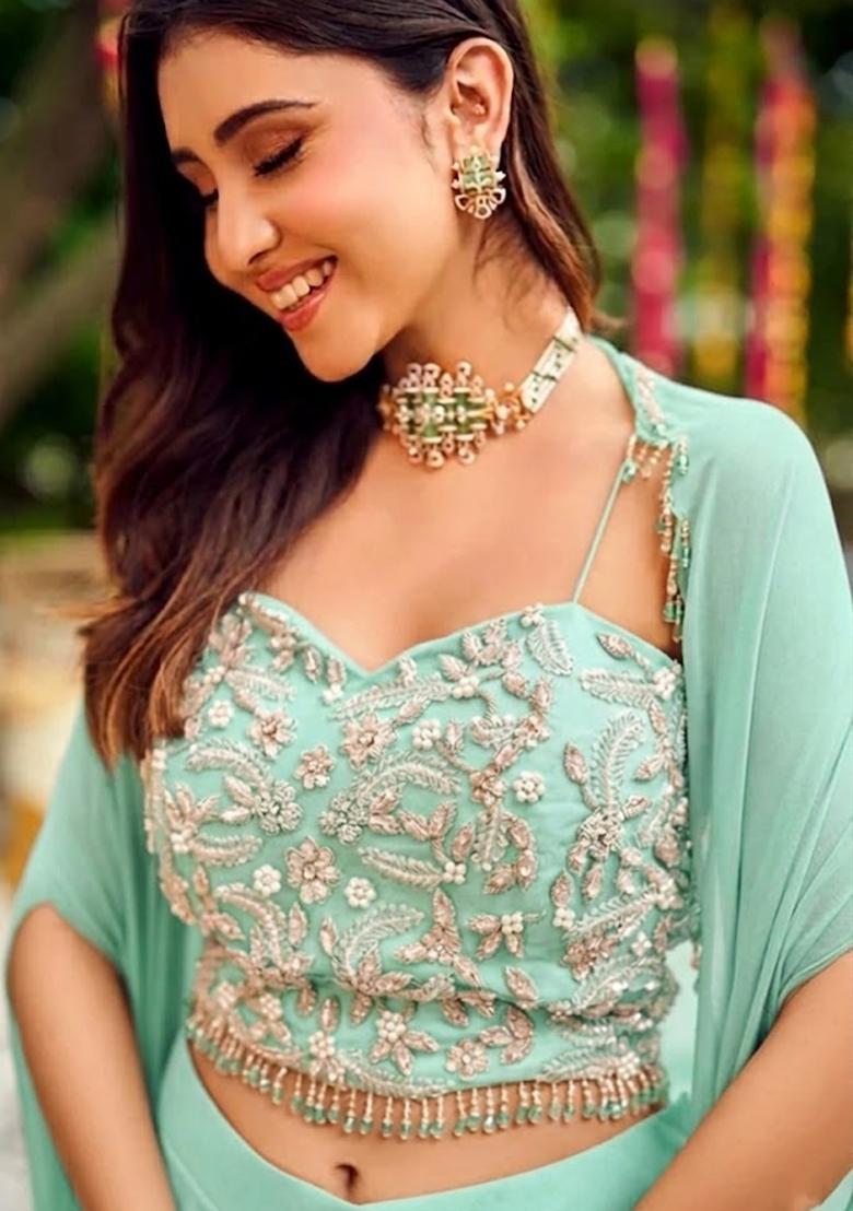 Mint Embroidered Handwork Fusion Set - Indya