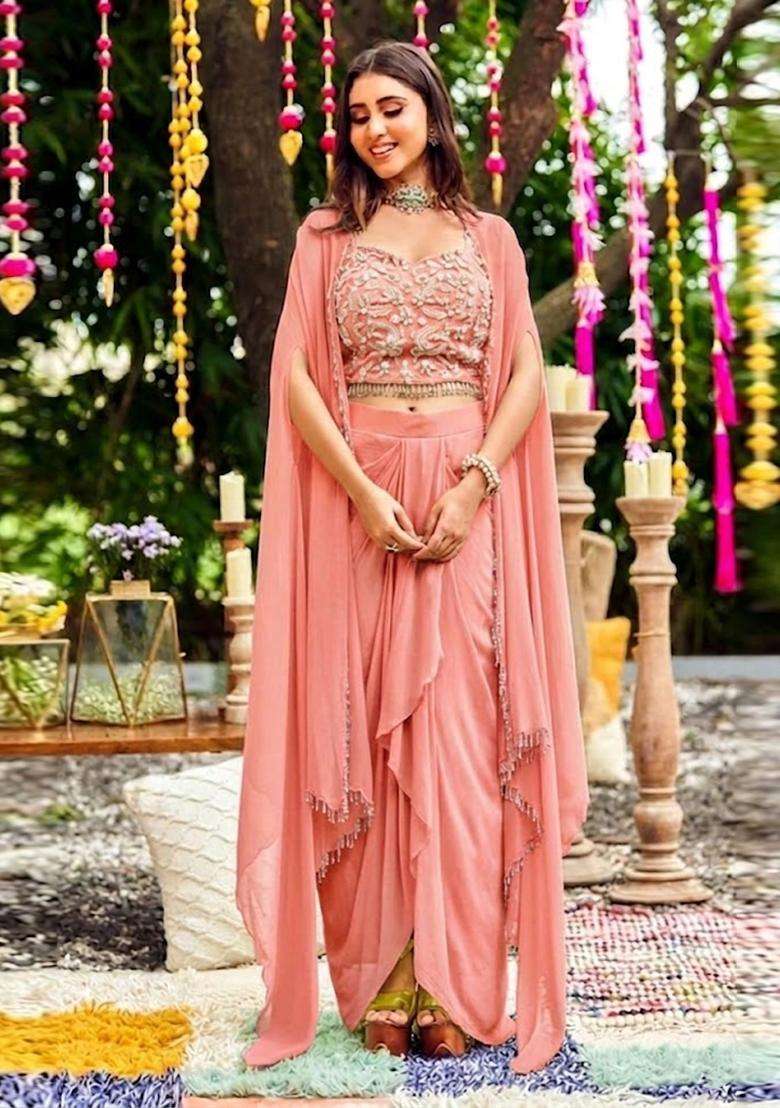 Peach Embroidered Handwork Fusion Set - Indya