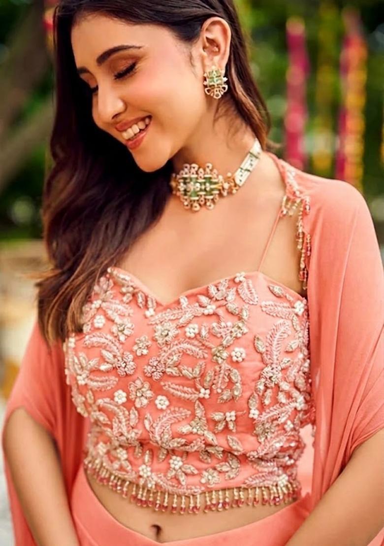 Peach Embroidered Handwork Fusion Set - Indya