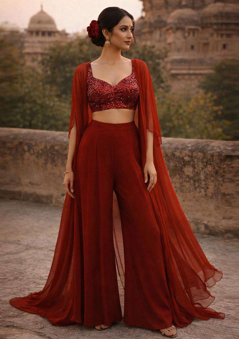 Rust Red Embellished Fusion Set - Indya