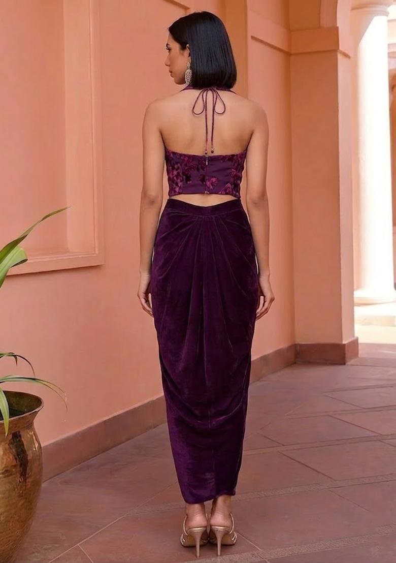 Deep Plum Devore Velvet Fusion Set - Indya