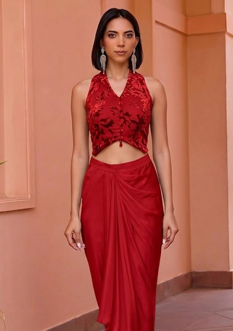 Red Devore Velvet Fusion Set - Indya