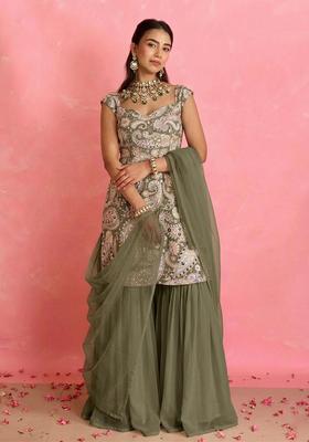 Sage Green Printed Crepe Sharara Set