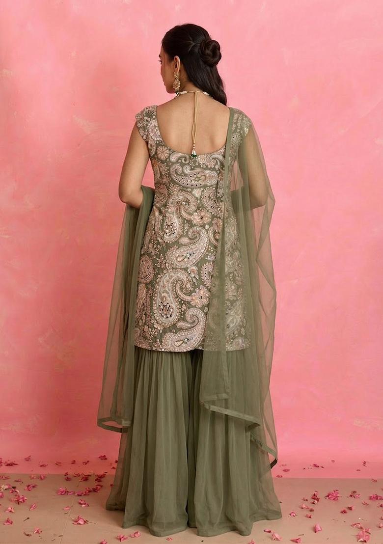 Sage Green Printed Crepe Sharara Set - Indya