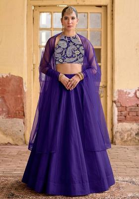 Purple Printed Crepe Lehenga Set