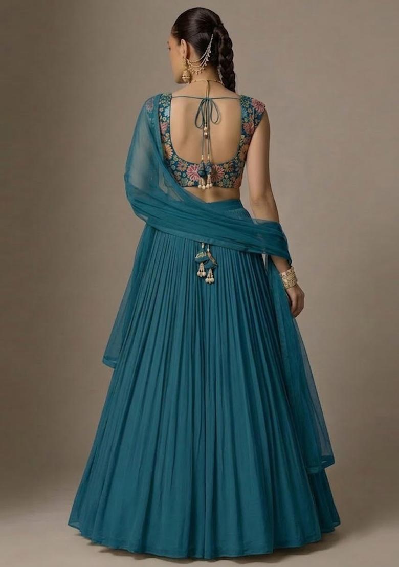 Teal Blue Printed Chinon Lehenga Set - Indya