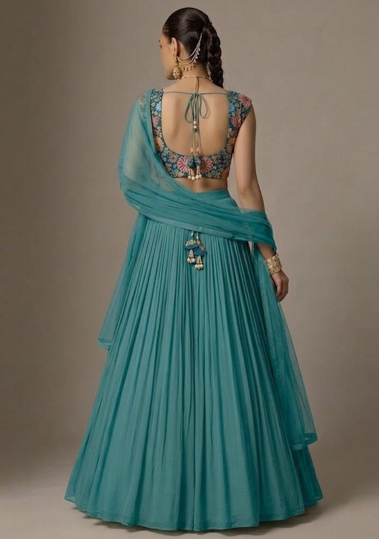 Blue Printed Chinon Lehenga Set - Indya