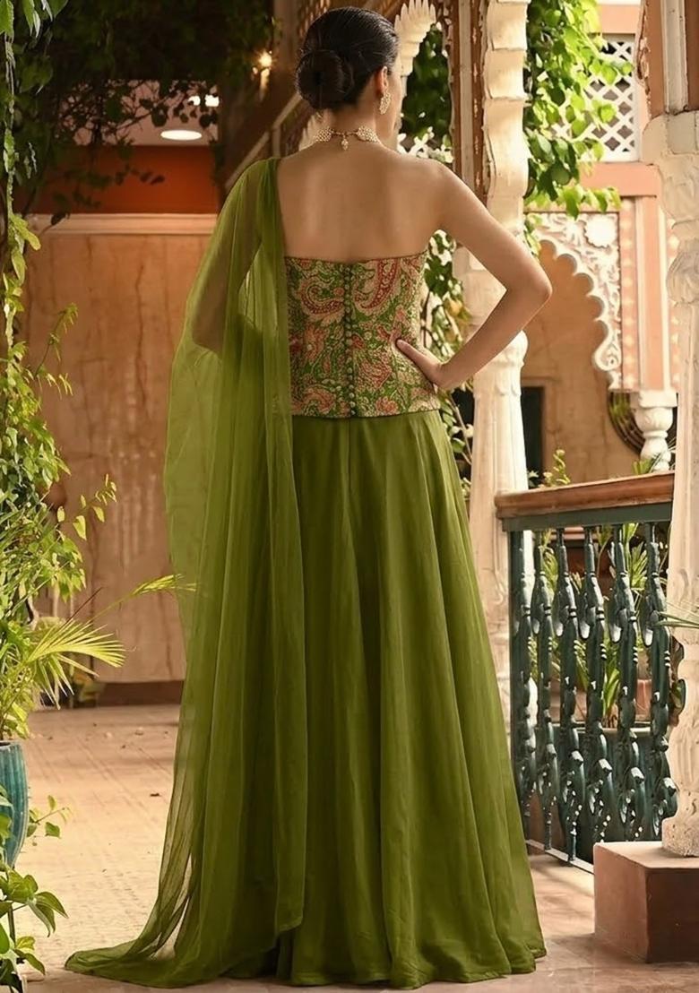Olive Green Embroidered Crepe Lehenga Set - Indya