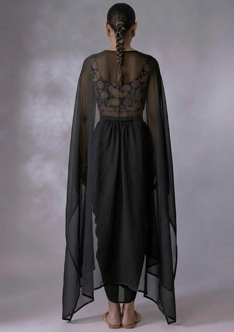 Black Printed Crepe Fusion Set - Indya