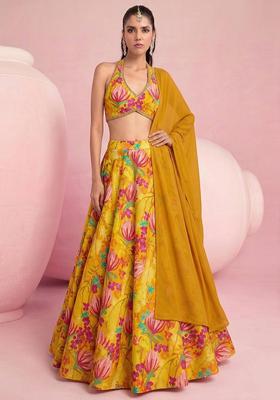 Mustard Yellow Printed Silk Blend Lehenga Set