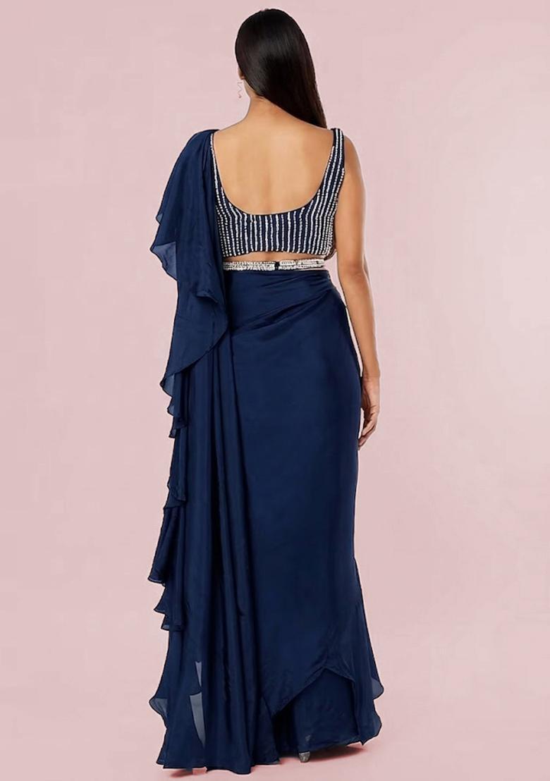 Navy Blue Embroidered Handwork Pre Draped Saree Set - Indya