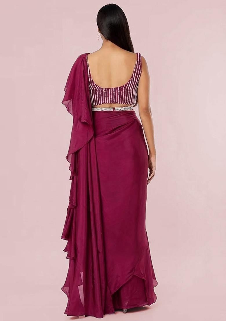 Magenta Embroidered Handwork Pre Draped Saree Set - Indya
