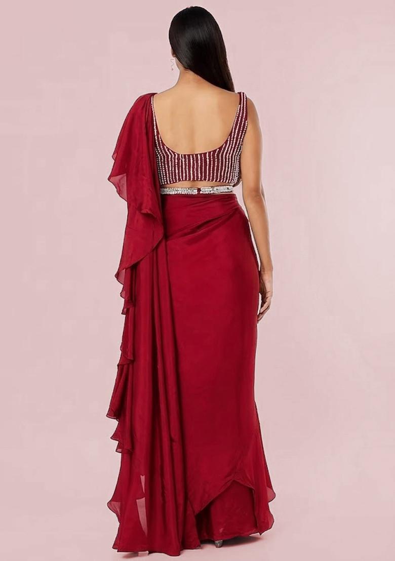 Red Embroidered Handwork Pre Draped Saree Set - Indya
