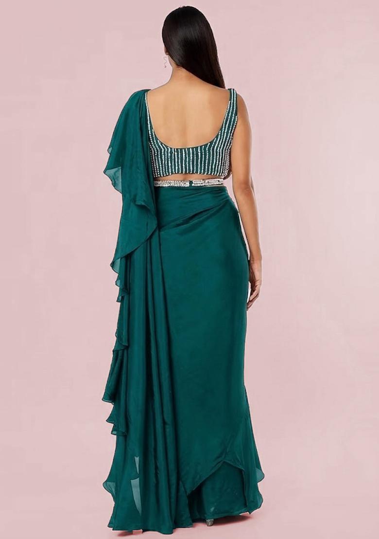 Teal Embroidered Handwork Pre Draped Saree Set - Indya