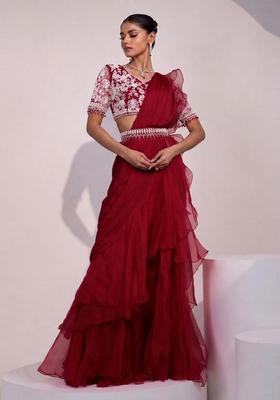 Red Embroidered Handwork Pre Draped Saree Set