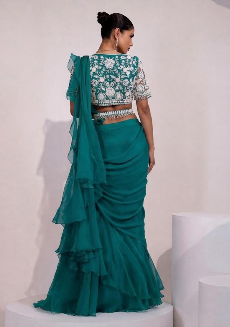 Teal Embroidered Handwork Pre Draped Saree Set - Indya