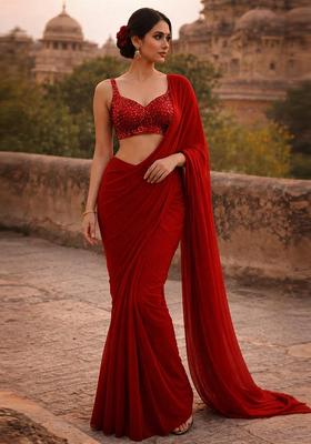 Crimson Red Embellished Pre Draped Saree Set