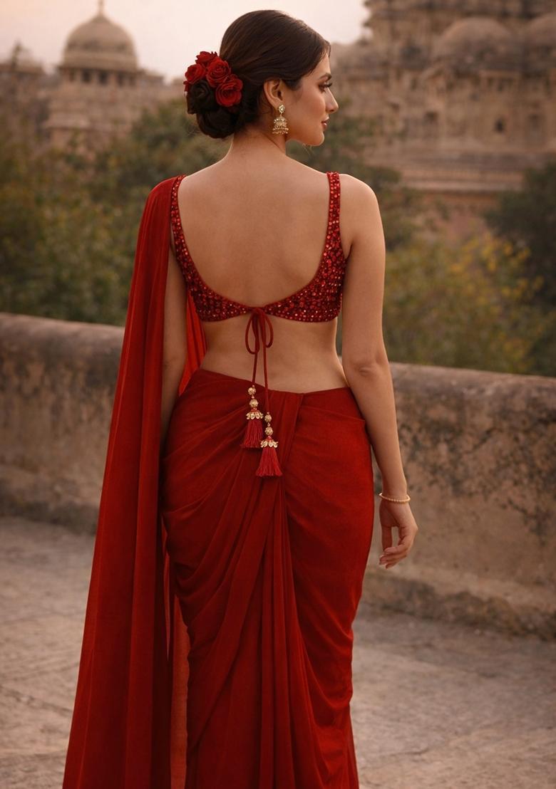 Crimson Red Embellished Pre Draped Saree Set - Indya