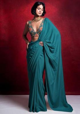 Blue Embroidered Crepe Pre Draped Saree Set
